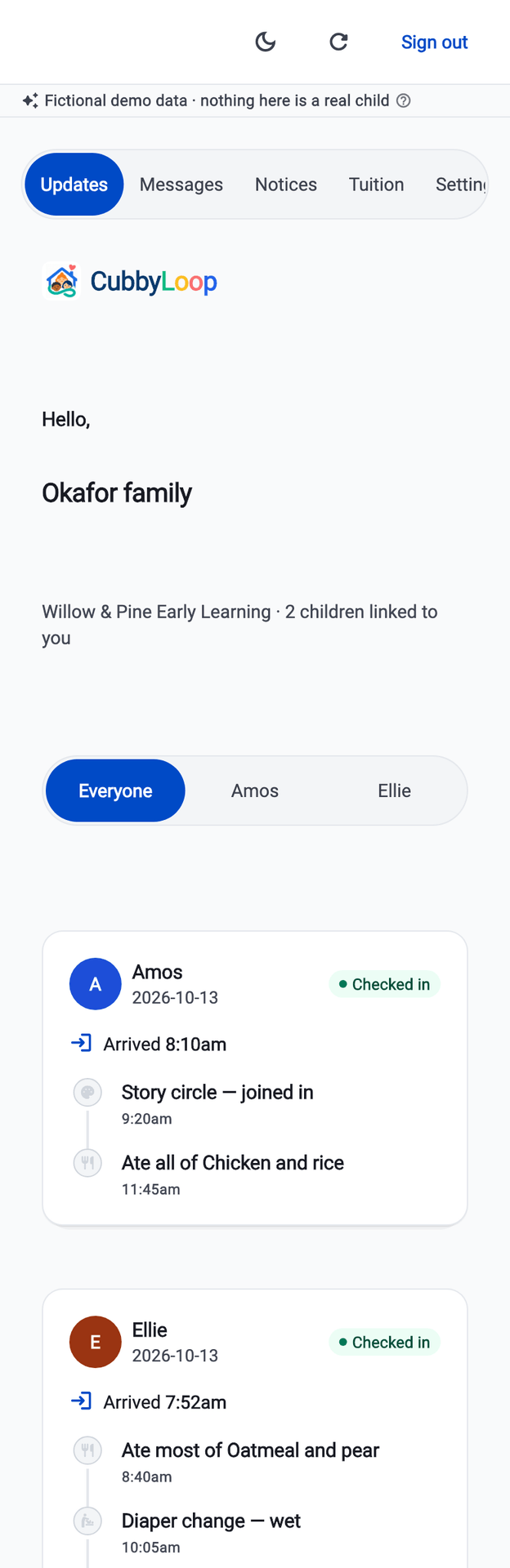 The CubbyLoop parent feed on a phone: the Okafor family, two linked children, with Amos's arrival at 8:10am, story circle and lunch, and Ellie's arrival, meal, diaper change and water-table activity.