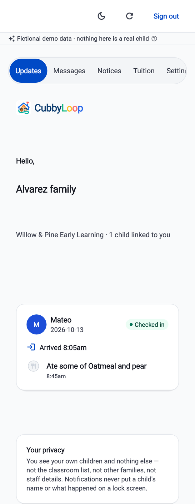 The CubbyLoop parent feed for a second family on a phone: the Alvarez family, one child linked, Mateo, arrived 8:05am and ate some of oatmeal and pear — and a privacy panel stating that this guardian sees their own children and nothing else.