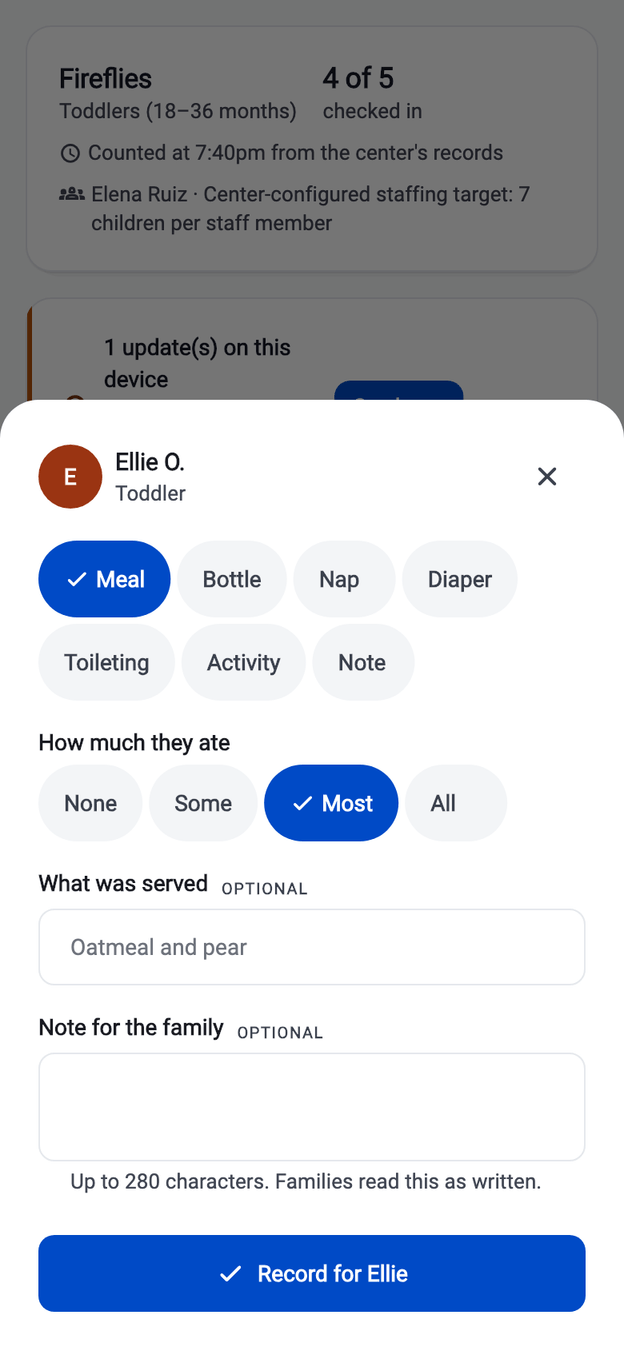 The CubbyLoop update composer on a phone: Ellie O. is selected, the Meal type is chosen, "Most" is selected for how much she ate, and a note field is ready for the family.