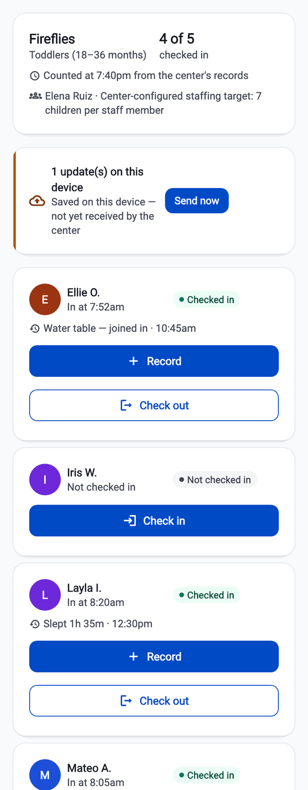 The CubbyLoop classroom board on a phone: the Fireflies room with four of five children checked in, a banner saying one update is saved on this device and not yet received by the center, and each child's card with Record and Check out buttons.